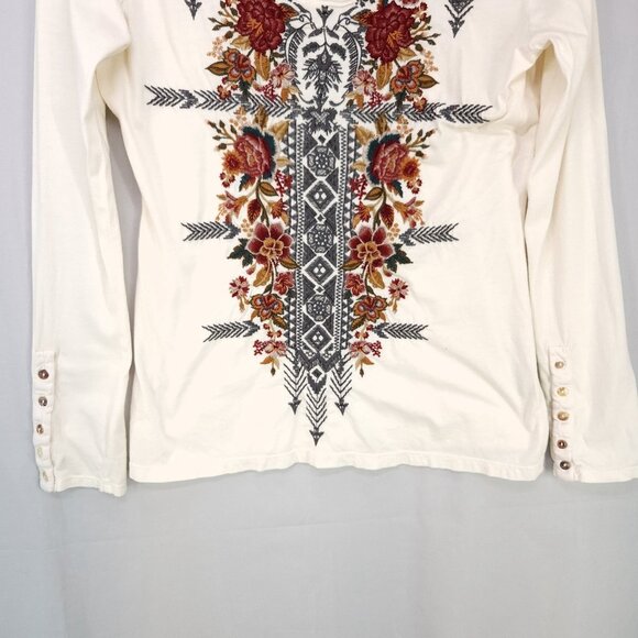 Johnny Was Zaret Long Sleeve Shirt Size Small Embroidered Floral Front Ivory Tee - Picture 3 of 13